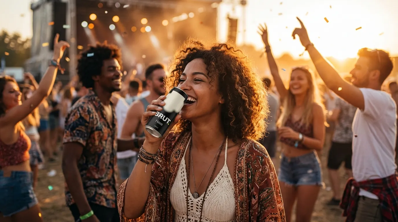 BRUT. Cassis dry craft cider in lifestyle setting